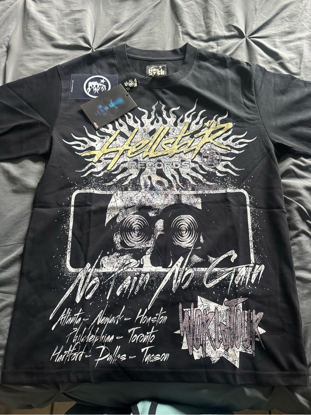 Hilda Hellstrom Black Graphic Short Sleeve Tee with White and Gold Print